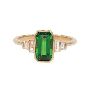 1.5cts Tsavorite Garnet Ring in Solid 14K Gold with Baguette Diamonds